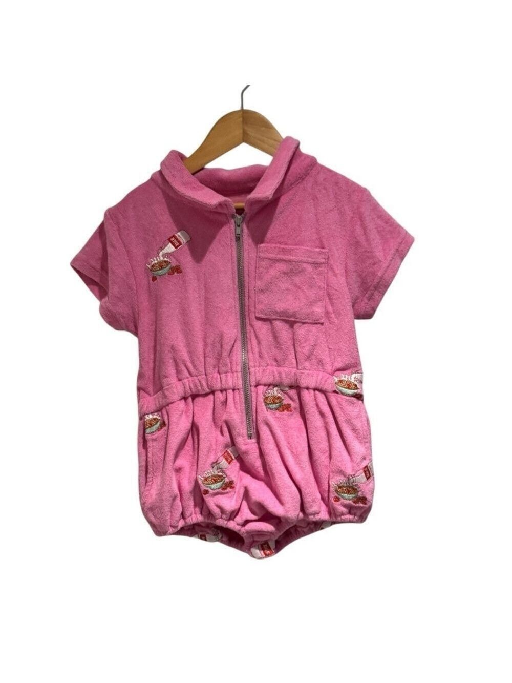 HUGO LOVES TIKI Pink Terry Romper with Embroidered Print - size 6 (fits 3/4)